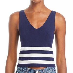 AQUA BLOOMINGDALE'S Striped V Neck Tank Top Rib Knit Navy Blue White XXL NWOT